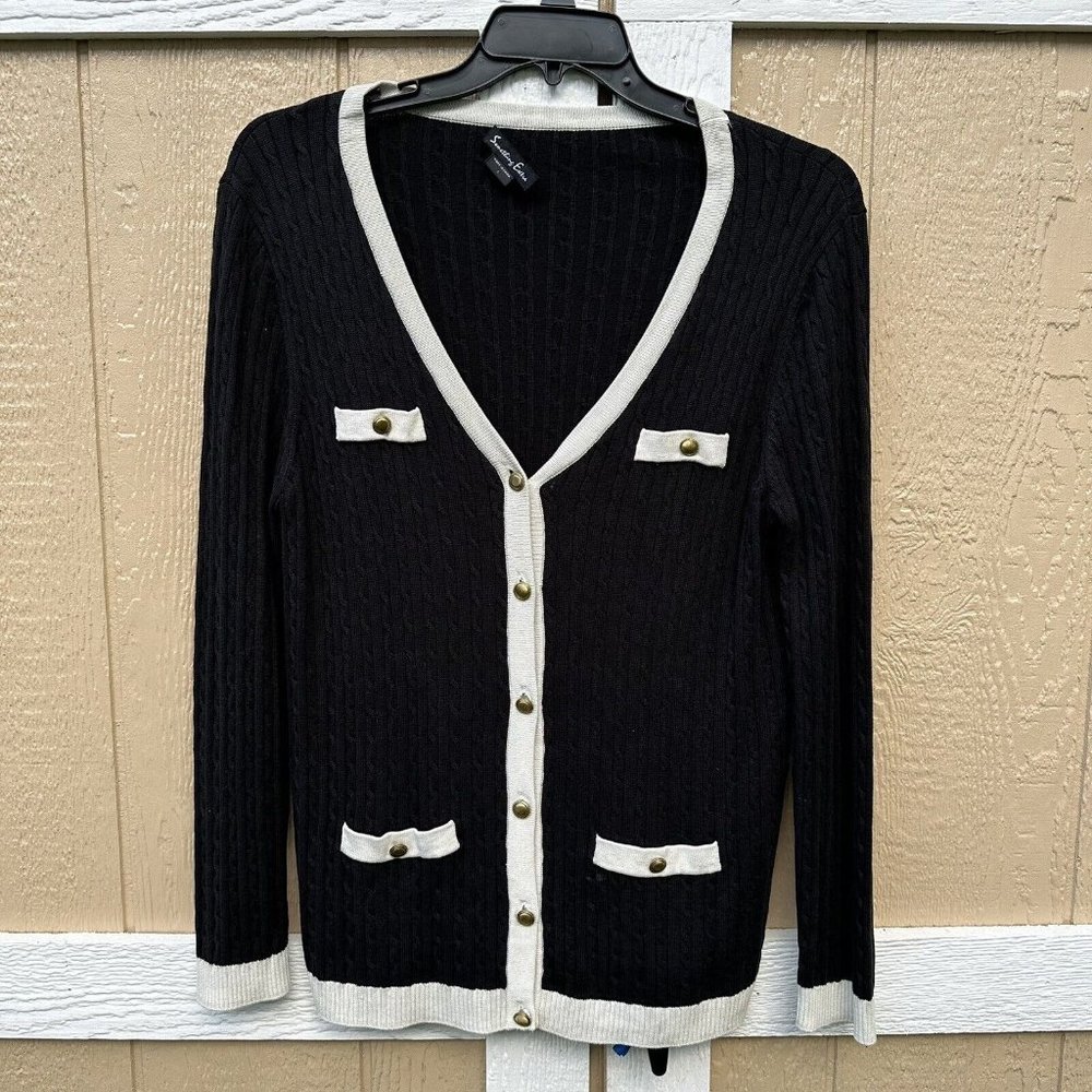 Something Extra Black Button Silk Cotton Cable Knit Cardigan Women's Size Large